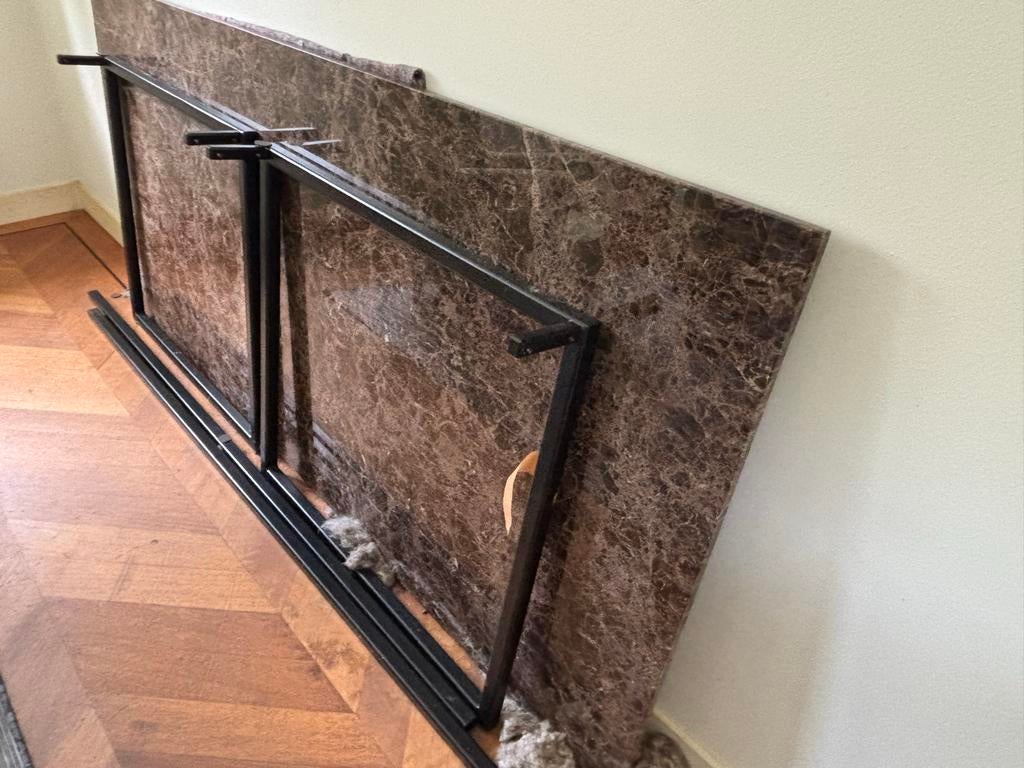 Marmeren eettafel 200x90 met zwart stalen U-poot, Huis en Inrichting, Tafels | Eettafels, Ophalen, Gebruikt, 50 tot 100 cm, Vijf personen of meer