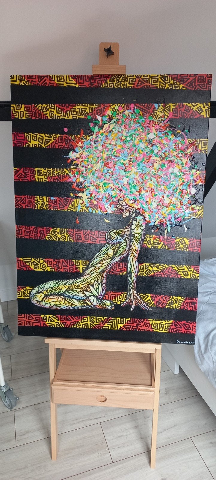 Levendig Abstract Figuur Schilderij - Yadiel González, Antiek en Kunst, Ophalen, Gesigneerd, Textiel, Figuren
