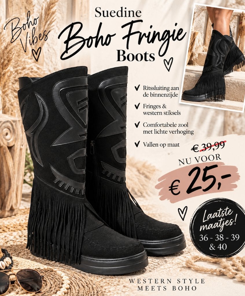 Suedine Boho Fringie Boots Maat 38, Hoge laarzen, Zwart, Nieuw, Ophalen of Verzenden