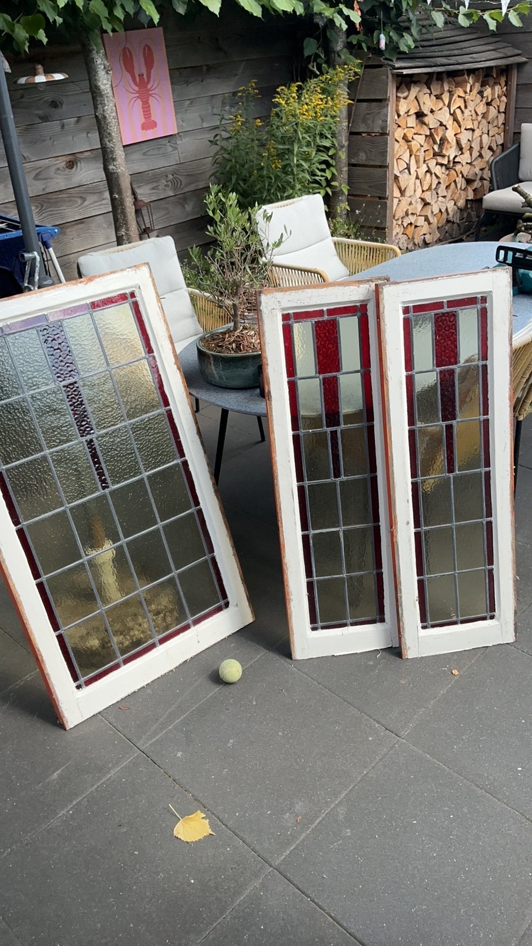 Glas in lood met raam, 1934, maten op het kozijn., Doe-het-zelf en Verbouw, Ophalen, Gevelraam of Ruit, Gebruikt, Glas in lood
