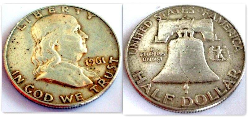 900 Zilver - Benjamin Franklin oude 1/2 dollar uit 1961-D, Verzenden, Noord-Amerika, Losse munt, Zilver