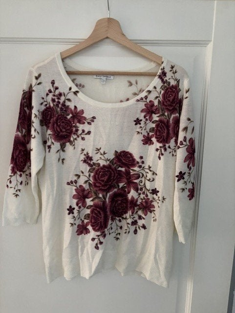 Crèmekleurige longsleeve met roze bloemen, maat L, Meerkleurig, Maat 42/44 (L), Ophalen of Verzenden, Zo goed als nieuw