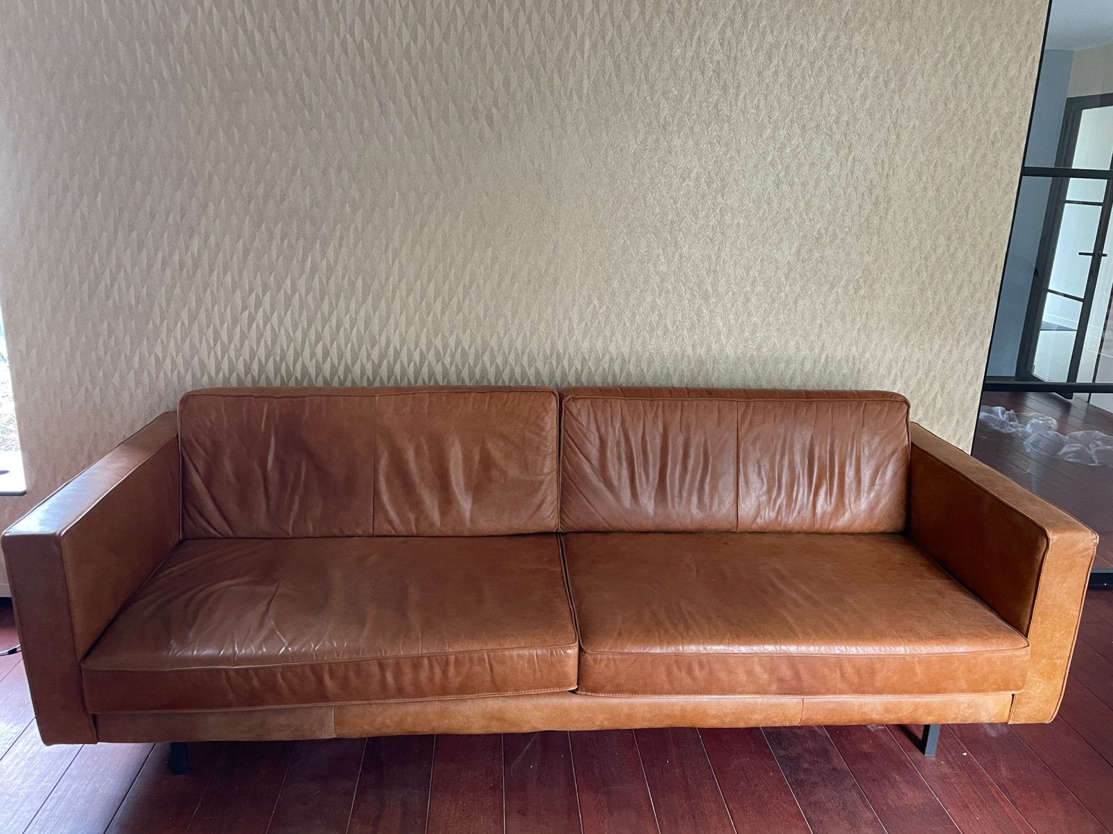 Leren 4-zits bank cognac kleur, Huis en Inrichting, Ophalen, 250 tot 300 cm, Gebruikt, Rechte bank