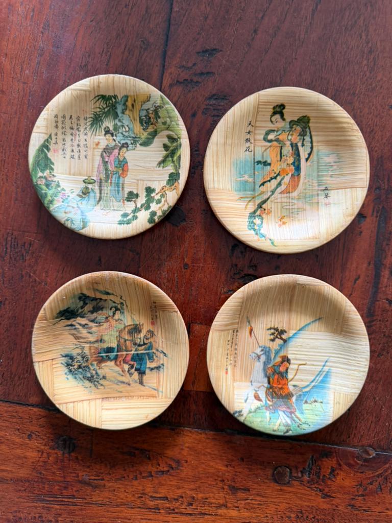Vintage Chinese bamboe onderzetters / aperitiefbordjes (4st), Antiek en Kunst, Ophalen of Verzenden