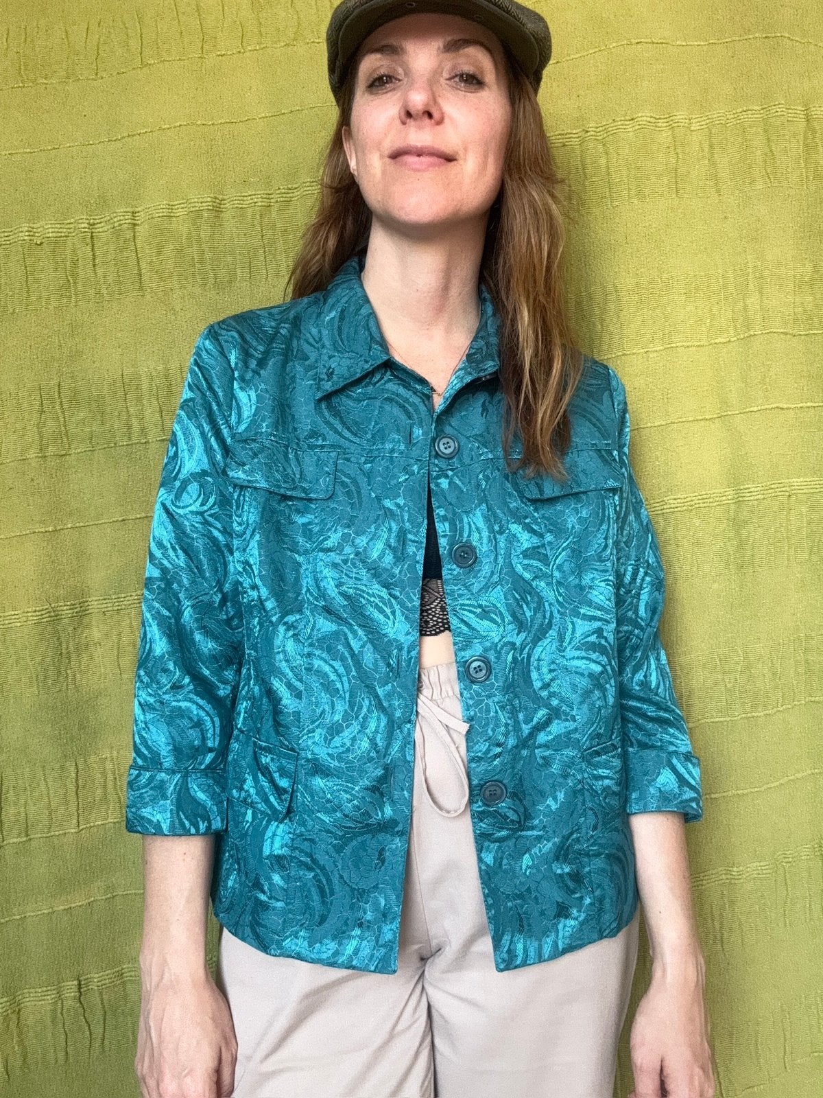 Vintage blazer - groen / blauw - shiny - M/38/medium, Maat 38/40 (M), Hgv, Hgv, Ophalen of Verzenden
