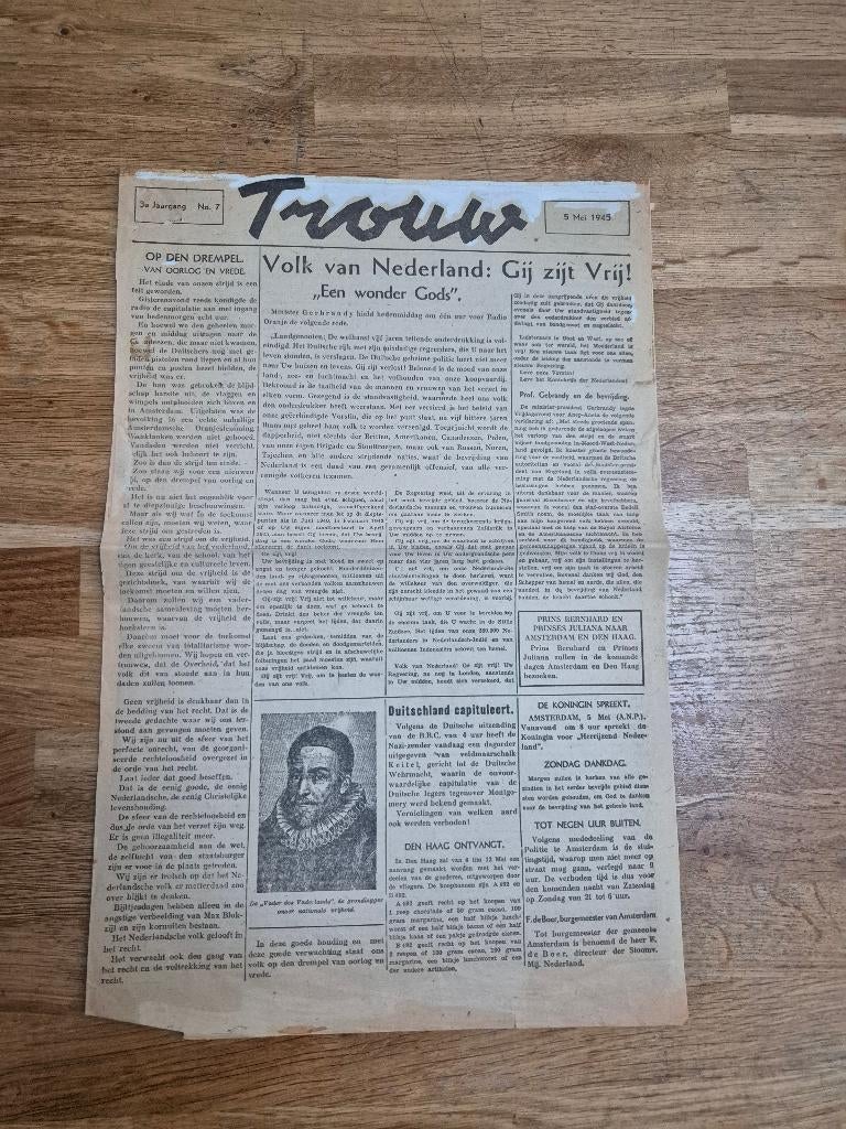 Wo2 illegale pers verzetskrant Trouw, 5 mei 1945, Verzamelen, Militaria | Tweede Wereldoorlog, Ophalen of Verzenden, Nederland