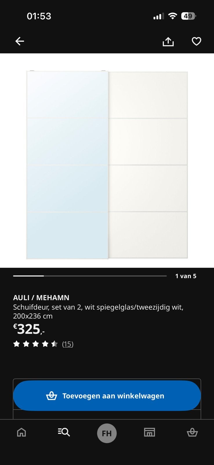 AULI / MEHAMN schuifdeur Ikea pax kast, Ophalen, 100 tot 150 cm, 200 cm of meer, Zo goed als nieuw