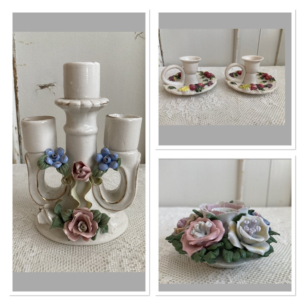 Brocante kandelaartjes met bloemornamenten, ---, Ophalen of Verzenden, ---, ---