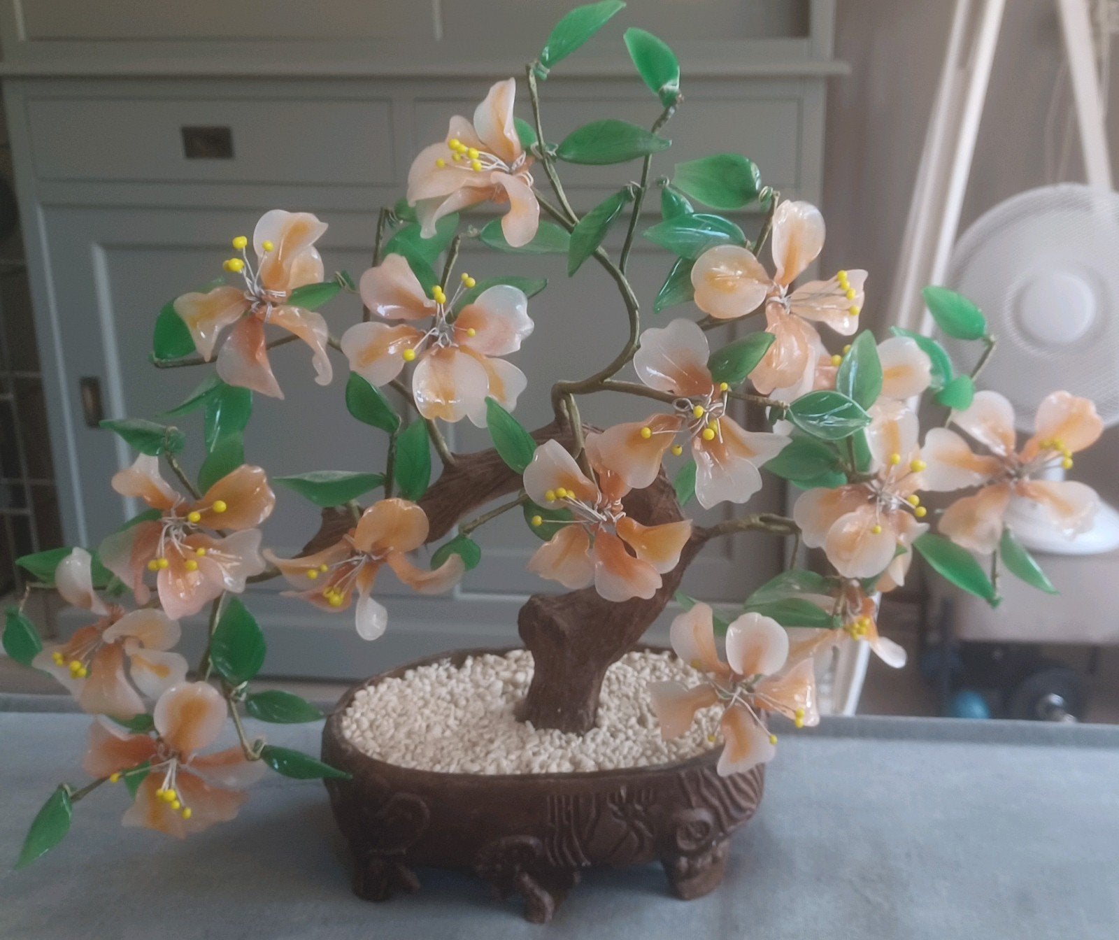 Bonsai boompje decoratie handwerk glas blaadjes bloesem, Ophalen of Verzenden