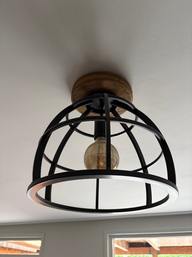 Set van 3 industriele lampen - zwart met hout, Ophalen, Zo goed als nieuw, Minder dan 50 cm, Industrieel