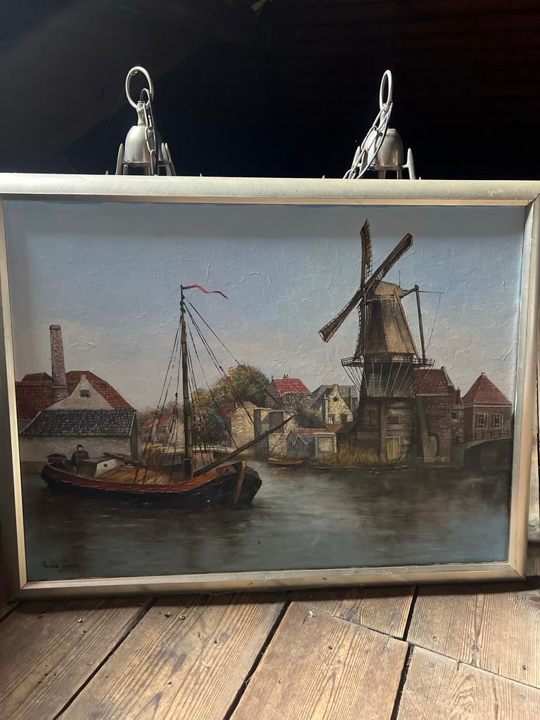 Olieverfschilderij Hollandse molen en schip gesigneerd, Antiek en Kunst, Kunst | Schilderijen | Klassiek, Ophalen of Verzenden