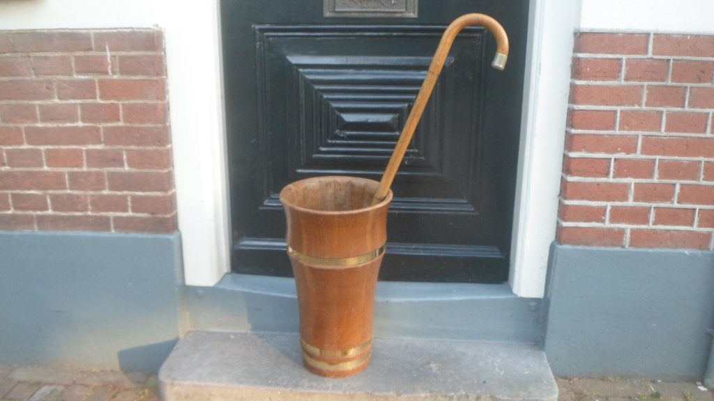 Houten paraplubak gekuipt eiken rond 27 cm en 46 cm hoog, Gebruikt, Ophalen of Verzenden, Bruin, Vintage