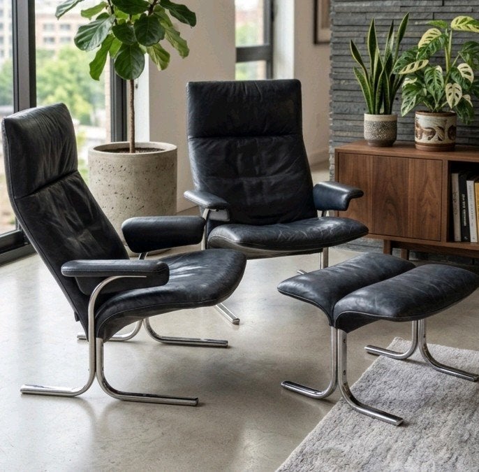 Setprijs! De Sede DS-2030 2x lounge chair + ottoman, vintage, Ophalen, Gebruikt, De Sede, 75 tot 100 cm