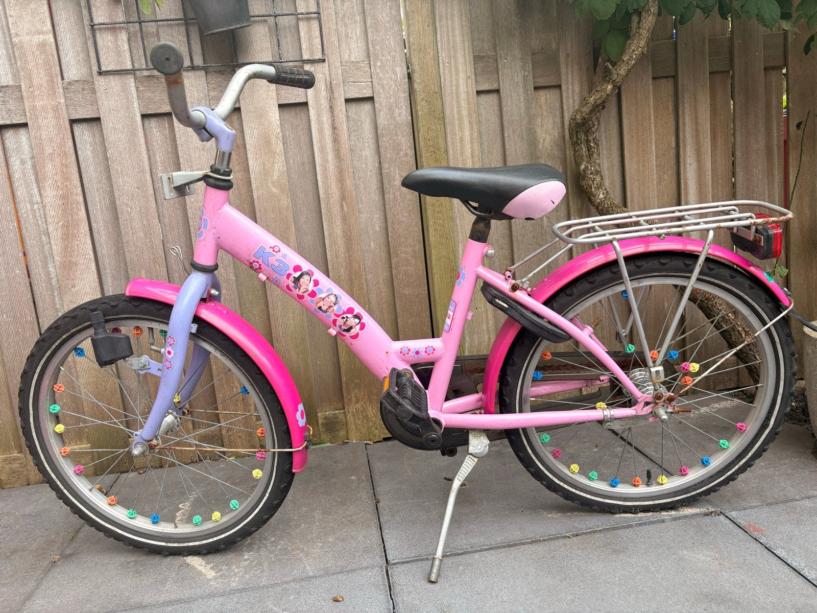Roze kinderfiets met bagagedrager en vrolijke spaakdecoratie, Ophalen, Gebruikt, Terugtraprem, 20 inch of meer