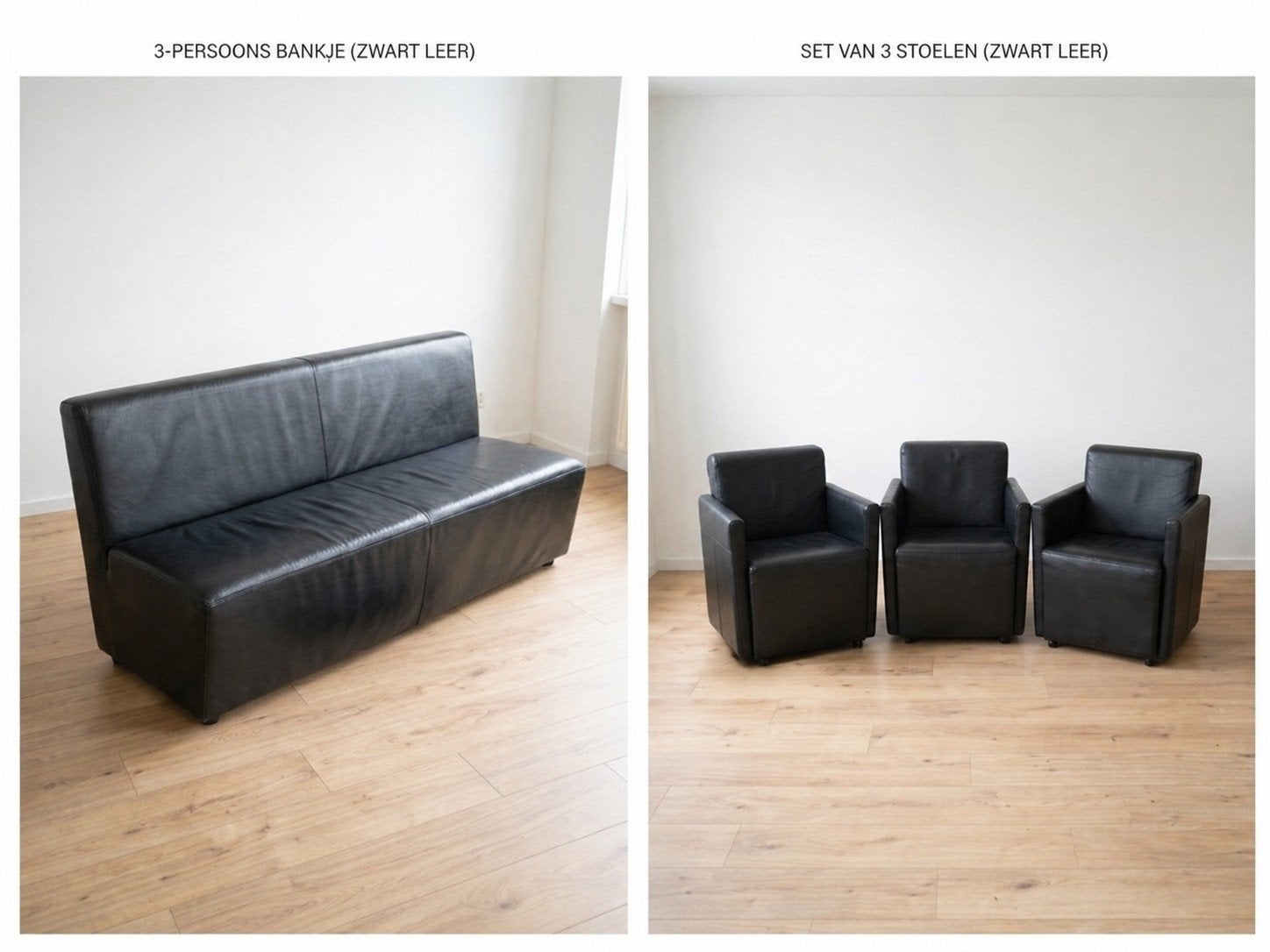 Strakke zwarte leren zithoek: bank + 3 stoelen, Ophalen