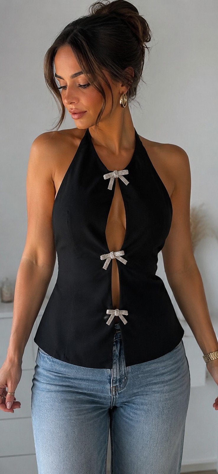 Zwarte haltertop met strikjes - Zara, Kleding | Dames, Maat 38/40 (M), Nieuw, Ophalen of Verzenden, Zonder mouw