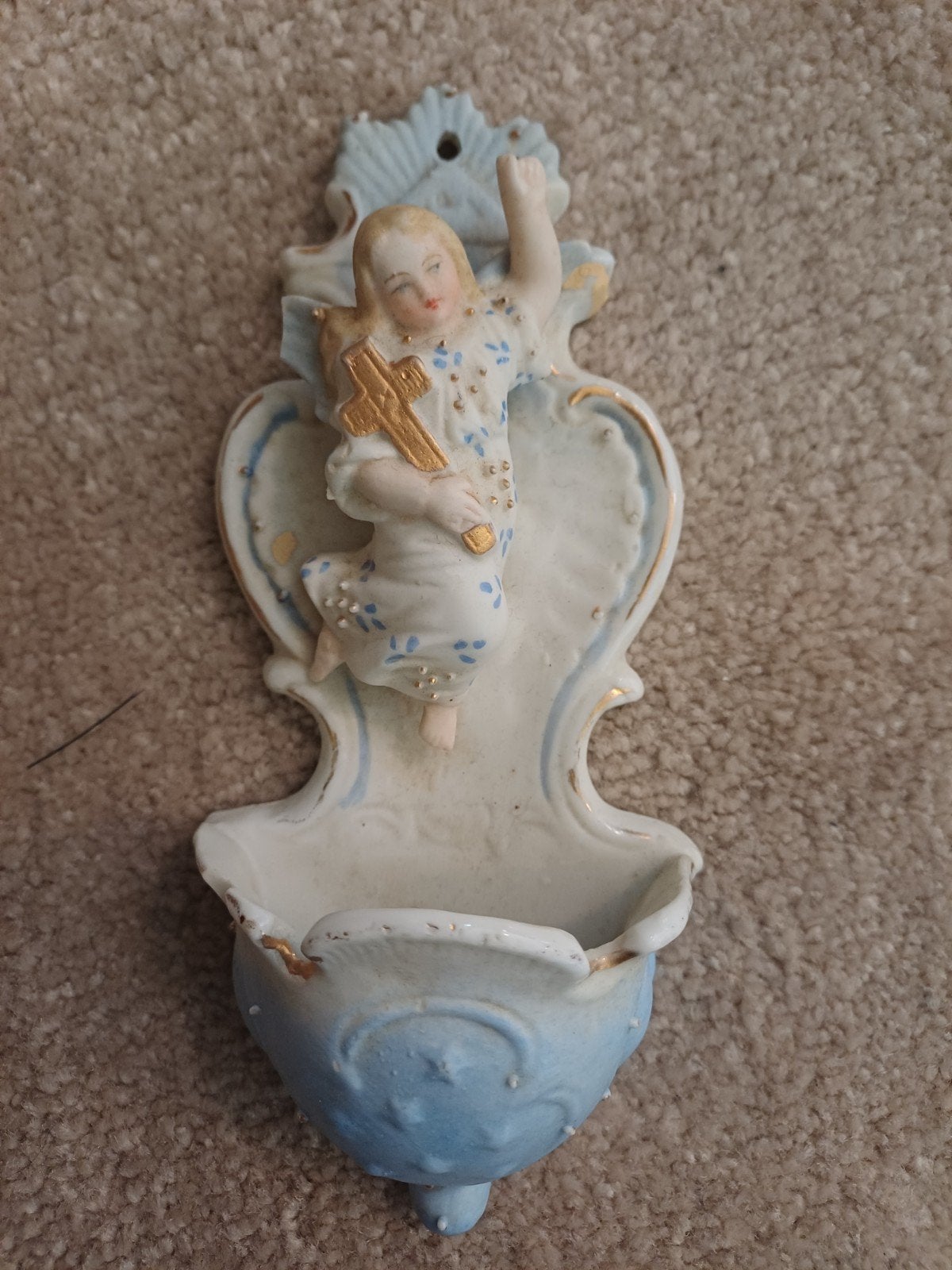 Antiek wijwaterbakje met engel, Ophalen of Verzenden