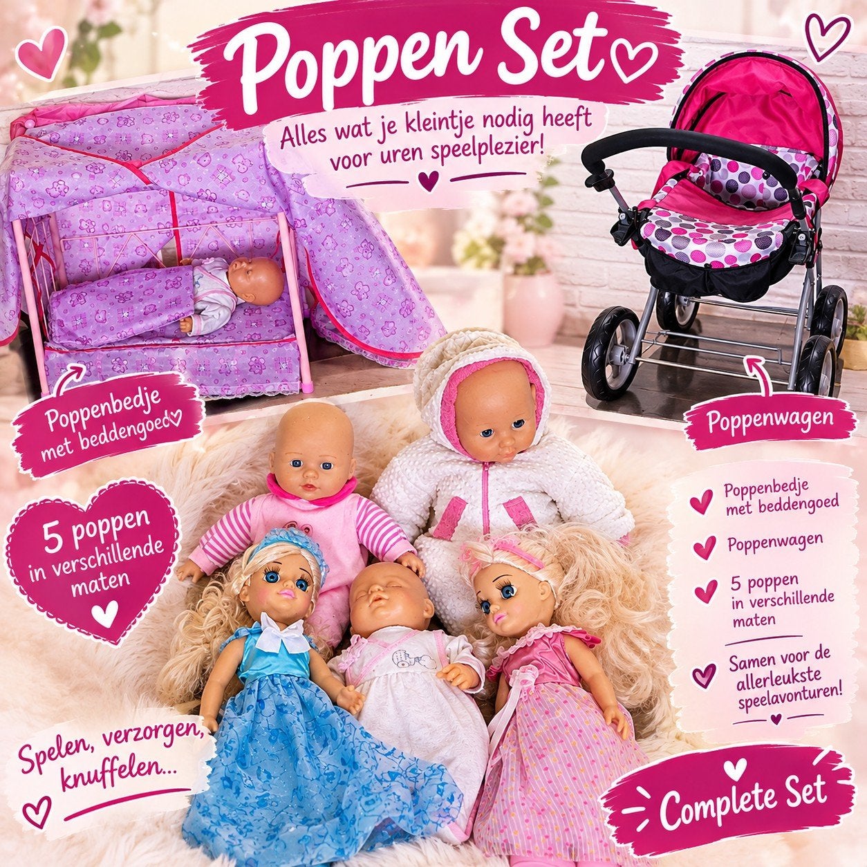 Leuke set poppen met poppenwagen en poppenbedje, Ophalen, Zo goed als nieuw, Babypop