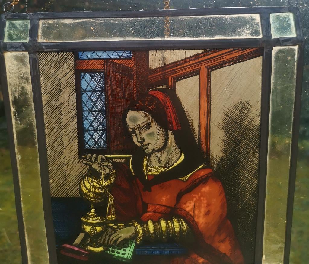 Glas in lood gebrandschilderd raam glas vrouw m. zilverweger, Ophalen of Verzenden