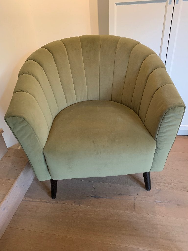 Mosgroene Velour Fauteuil met Zwarte Pootjes, Ophalen, Modern, Retro, Gebruikt, Minder dan 75 cm