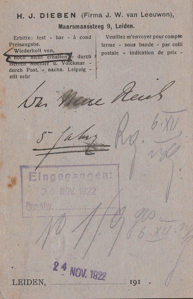 LEIDEN 1922 HJ. DIEBEN MaARSMANSSTEEG 9 bOEKHANDEL, Ophalen of Verzenden, 1920 tot 1940, Gelopen, Zuid-Holland