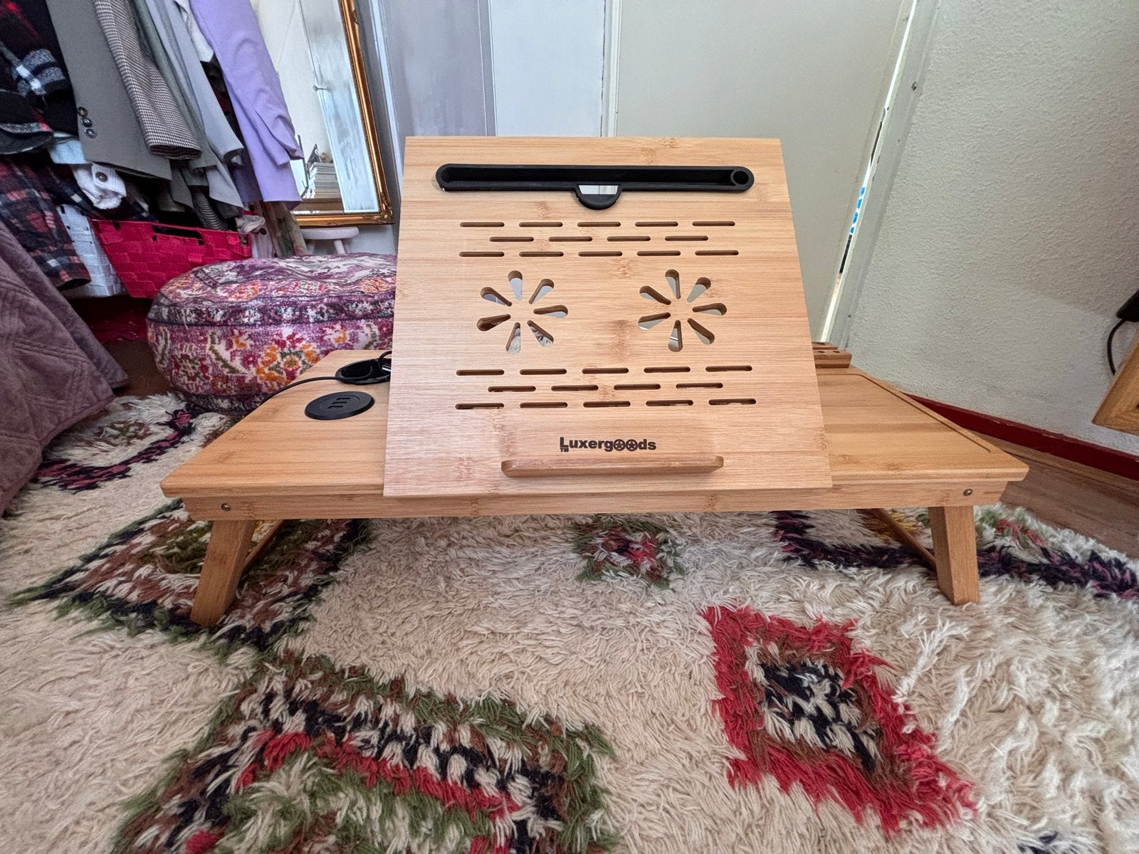 Luxergoods Bamboe Laptoptafel met USB-hub en Lade, Computers en Software, Laptopstandaarden, Ophalen, Zo goed als nieuw, In hoogte verstelbaar