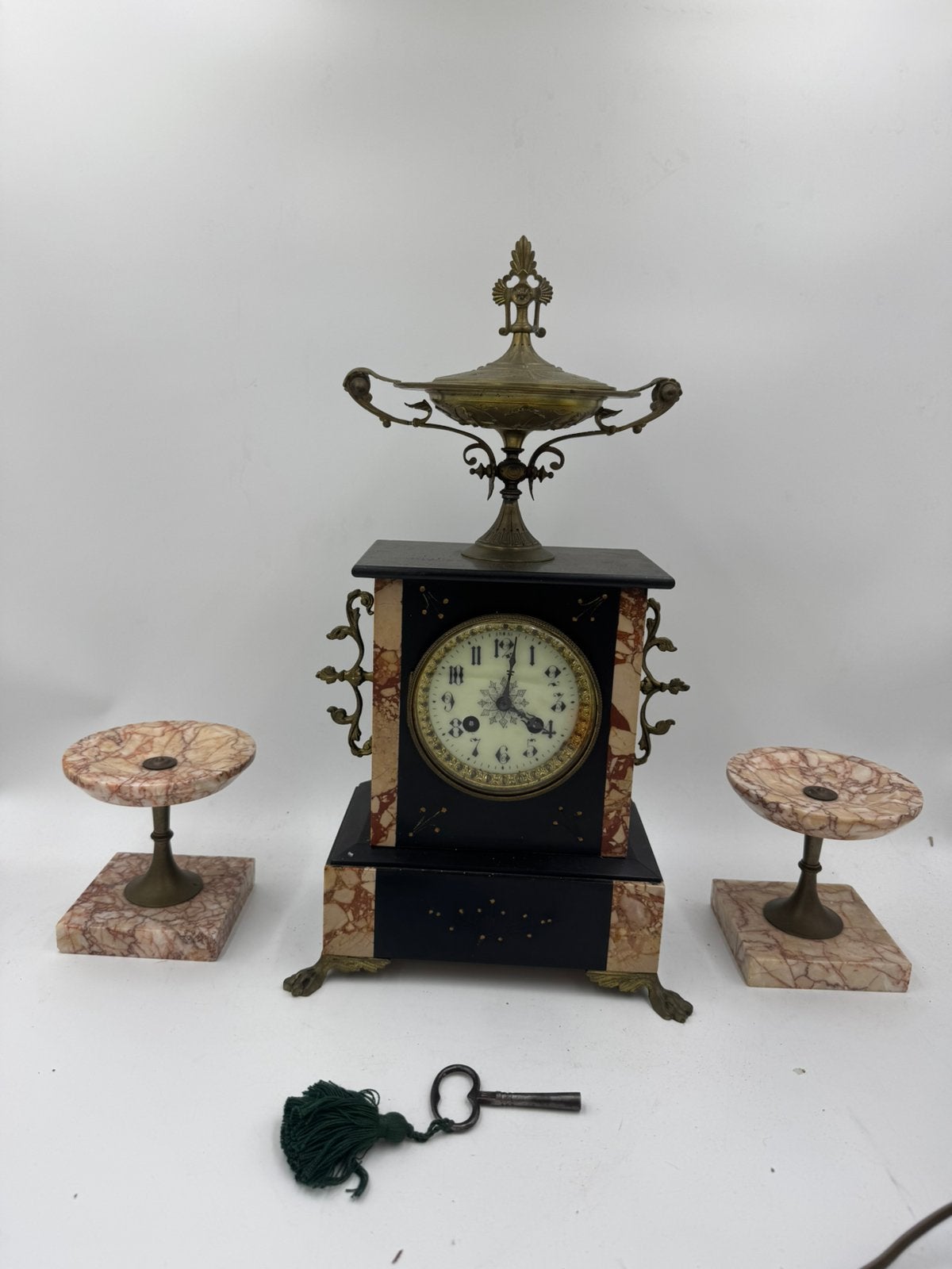 Antiek Frans Marmeren Klokkenstel Garnituur, Antiek en Kunst, Ophalen of Verzenden