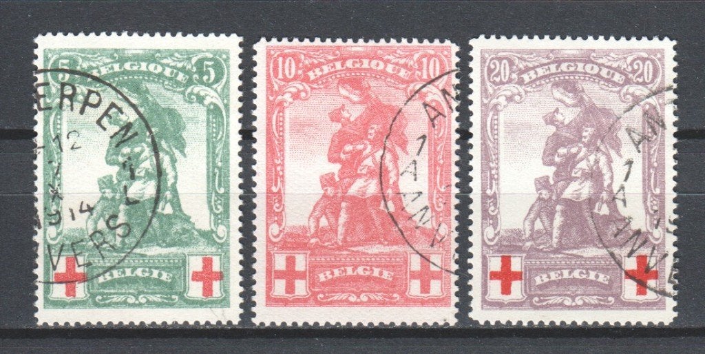 Belgie 1914 Mi 104-106 Rode Kruis gestempeld, Postzegels en Munten, Verzenden, Gestempeld, Rode kruis, Gestempeld