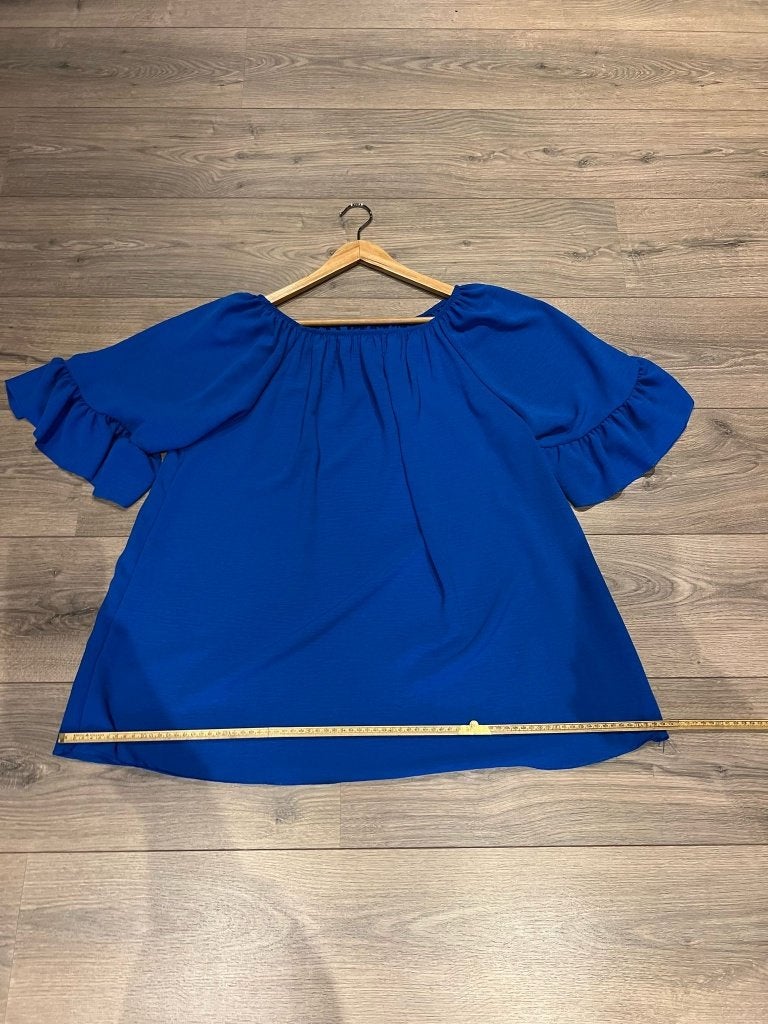 Blauwe blouse met ruches mouwen - Maat XL, Ophalen of Verzenden, Gedragen, Maat 46/48 (XL) of groter, Blauw