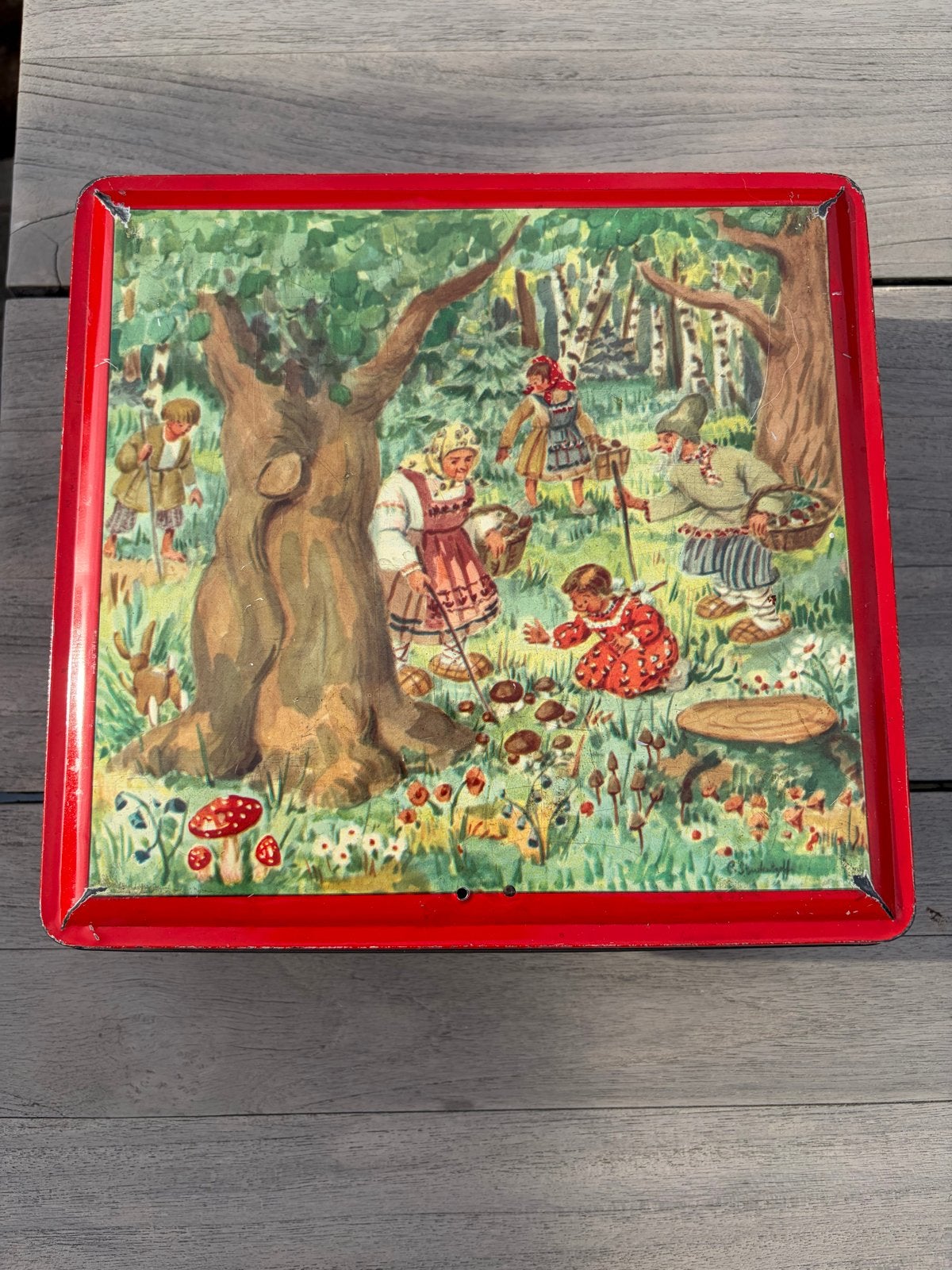 Vintage Van Melle blik paddenstoelen plukken, Ophalen of Verzenden, Gebruikt, Koek(jes), Van Nelle
