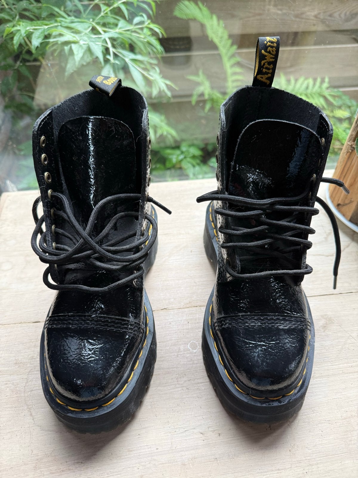 Dr. Martens Sinclair Platform Laarzen - Zwart Lakleer, Ophalen, Zo goed als nieuw, Zwart, Lage of Enkellaarzen