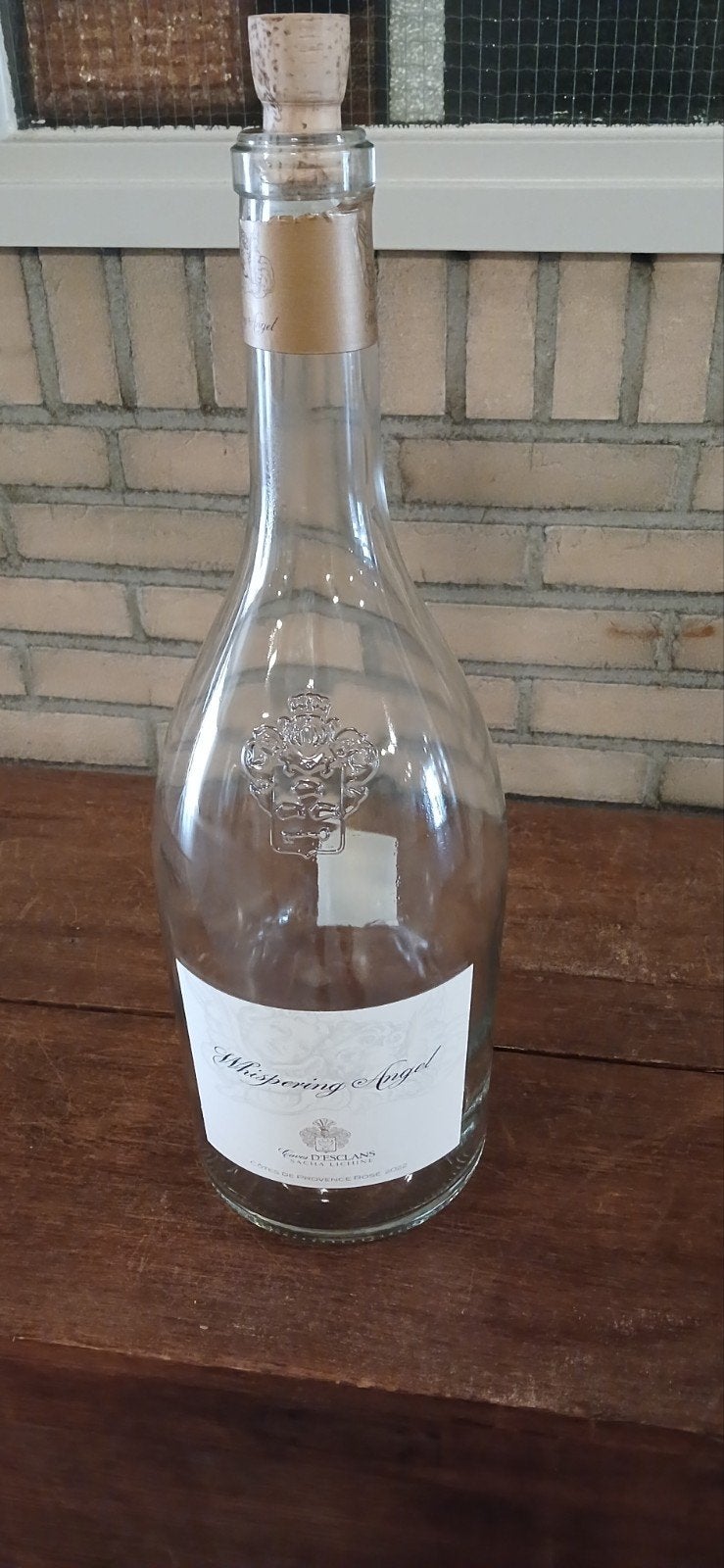 Grote lege Whispering Angel wijnfles met kurk € 35,00, Ophalen, Transparant, Geschikt voor droogbloemen, Glas