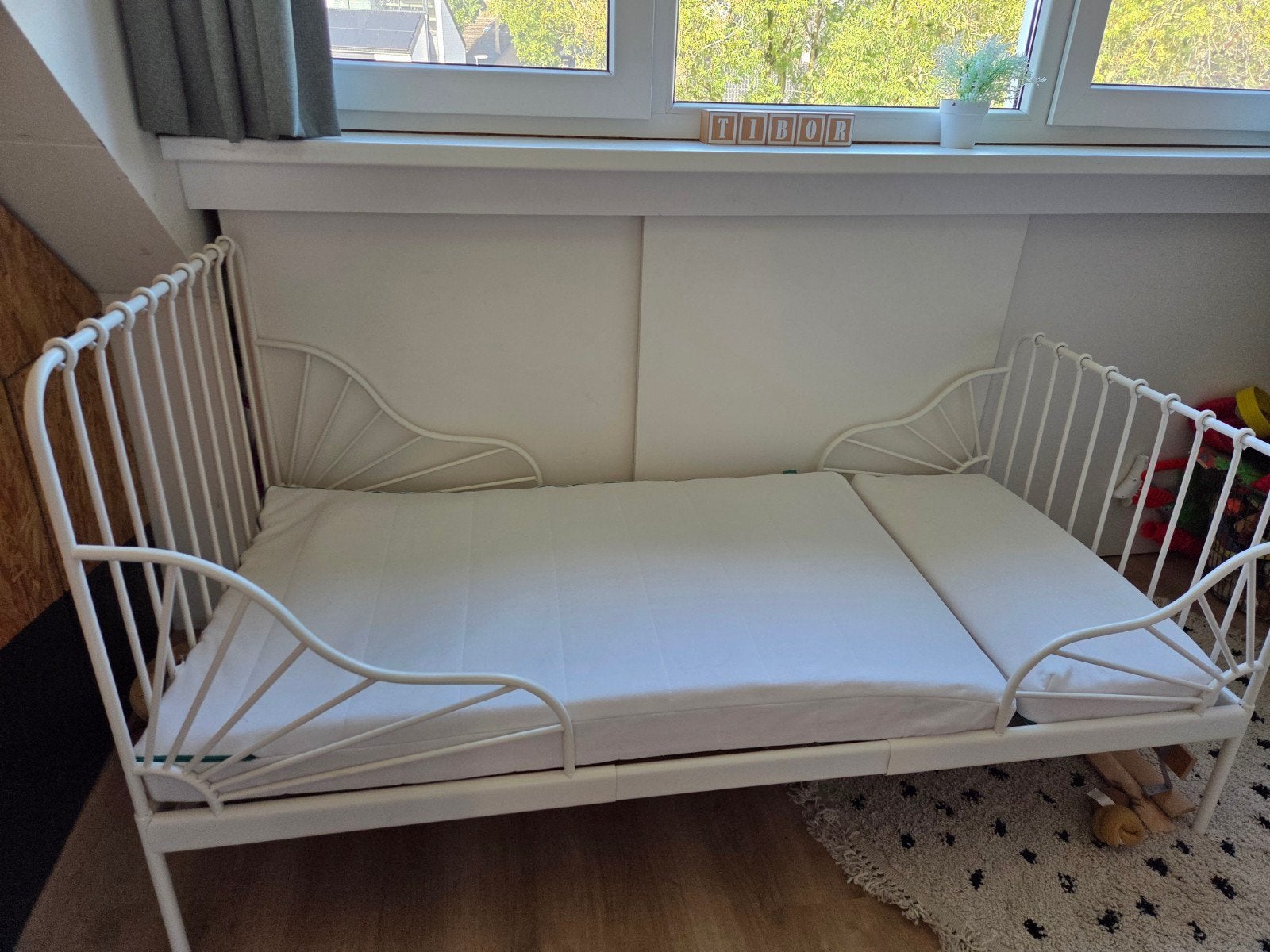 Ikea Minnen meegroeibed wit met matras, Ophalen, Verstelbaar, Eenpersoons, Wit