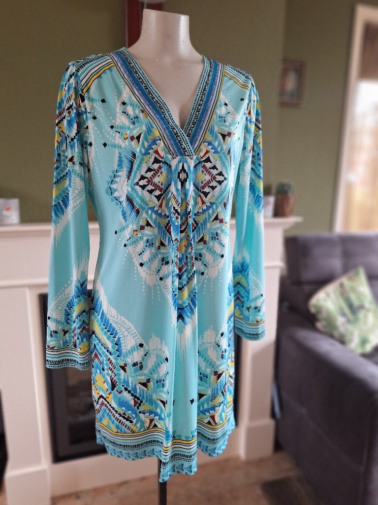 Hale Bob turquoise plaatje van een jurk L, Maat 42/44 (L), Zo goed als nieuw, Knielengte, Hale Bob