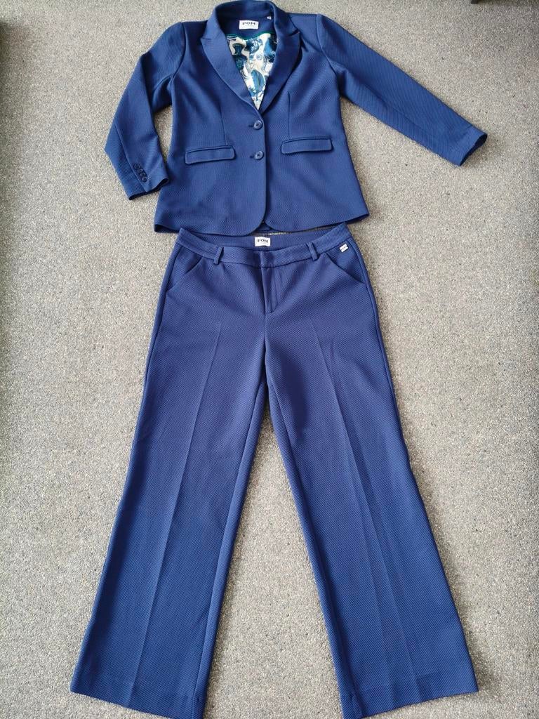 Pom Amsterdam Wafelstof Pak - Broek (42) & Blazer (40) Blauw, Kleding | Dames, Jasjes, Kostuums en Pakken, Zo goed als nieuw, Kostuum of Pak