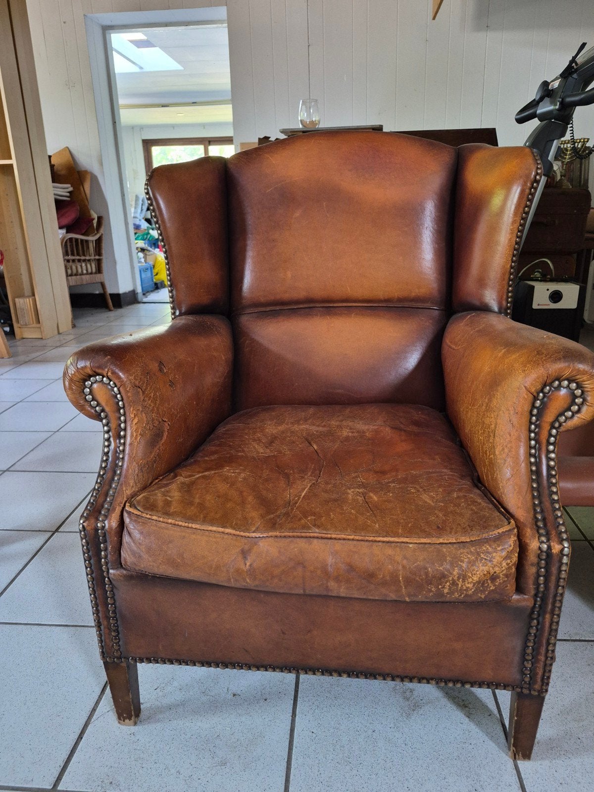 Vintage Leren Fauteuil - Chesterfield Stijl, Ophalen of Verzenden