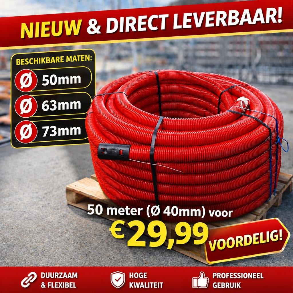 Mantelbuis met trekdraad en koppelstuk 40mm - rol 50 meter, Doe-het-zelf en Verbouw, Buizen en Afvoer, Overige materialen, 6 meter of meer