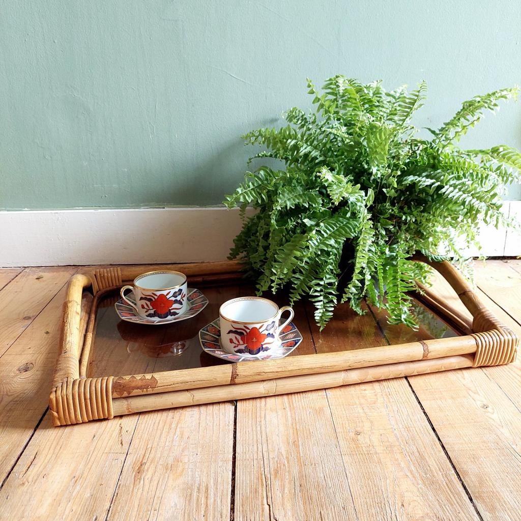 Lucky Vintage groot Vintage bamboe dienblad met rookglas, Ophalen, Gebruikt, ., .