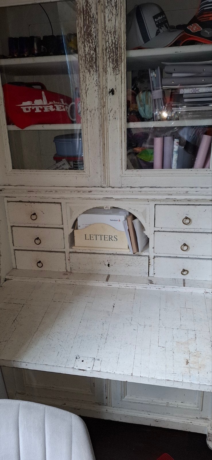 Mooie Brocante Kast met Glazen Deurtjes en Lades, Antiek en Kunst, Ophalen of Verzenden