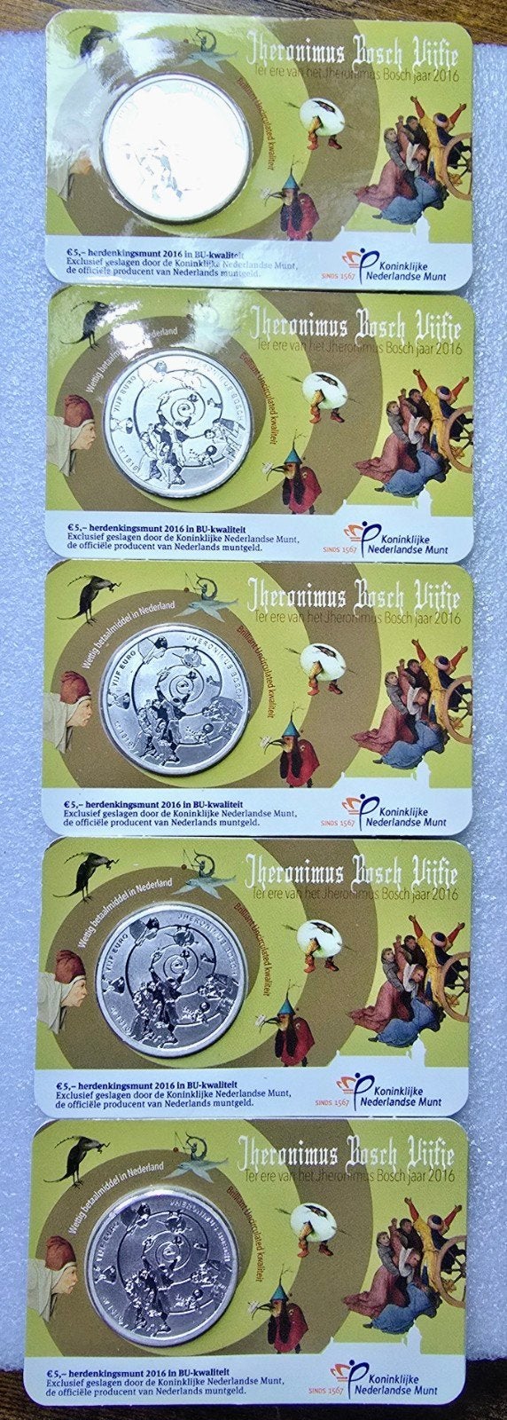 5X, Jheronimus XXX Bosch Vijftje 2016 - BU KWALITEIT, Postzegels en Munten, Setje, Koningin Beatrix, Zilver, Euro's