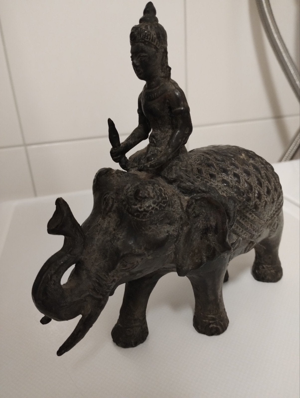Oud bronzen beeld olifant en berijder, Antiek en Kunst, Ophalen of Verzenden