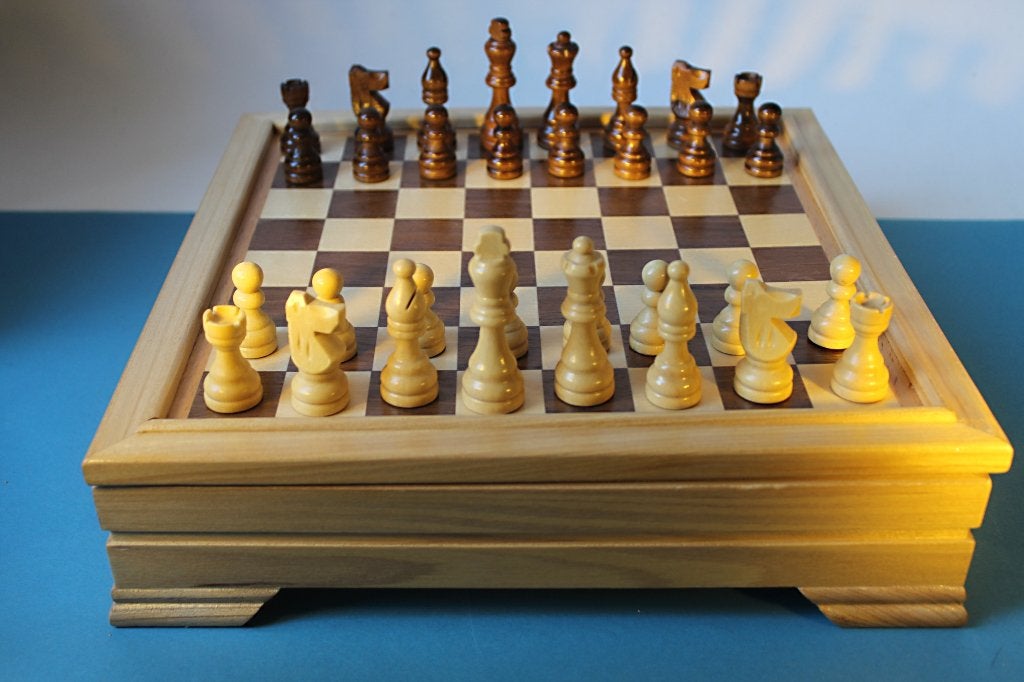 Houten schaakkist backgammon domino poker kist met 7 spellen, Ophalen of Verzenden, Nieuw