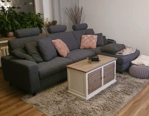 Grijze hoekbank met slaapfunctie, Ophalen, Gebruikt, 125 cm of meer, 125 cm of meer
