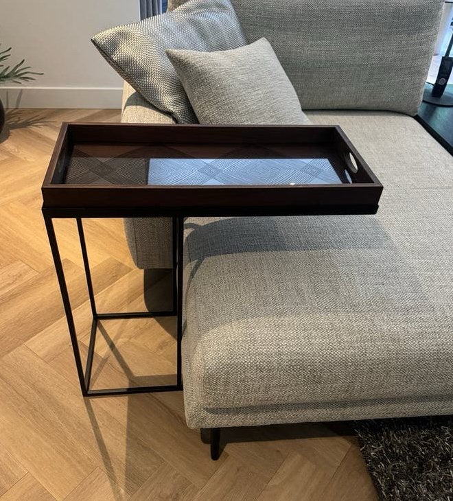 Ethnicraft bijzettafel hout dienblad met glasplaat nieuw, Ophalen, Minder dan 55 cm, Metaal of Aluminium, Nieuw