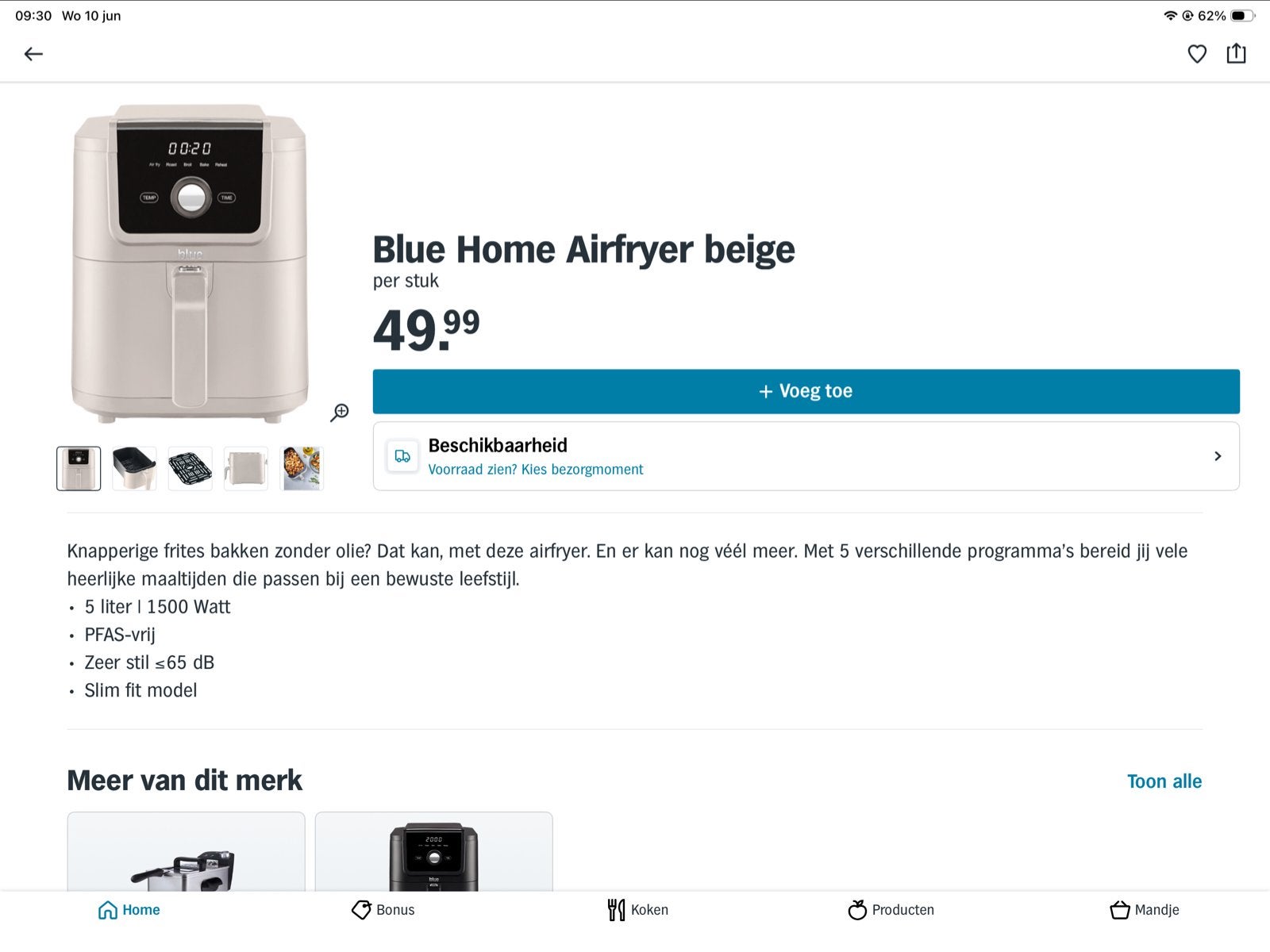 Blue Home Airfryer beige - 5L, 1500W, PFAS-vrij, Ophalen, Zo goed als nieuw, Airfryer, 1000 t/m 1499 gram