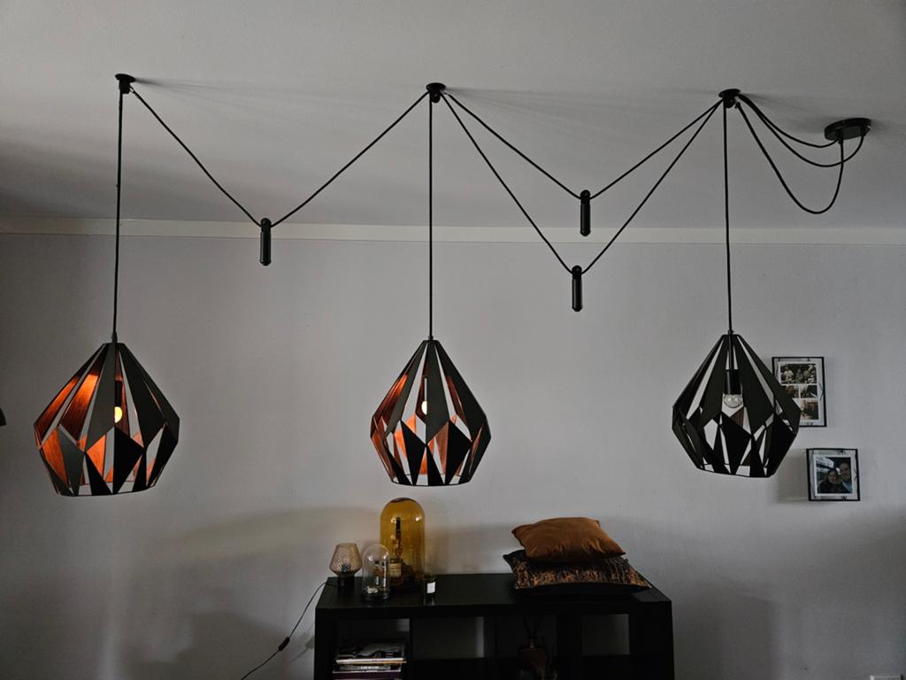 Set van 3 hanglampen met gewichten, Gebruikt, 50 tot 75 cm, Ophalen of Verzenden, Modern industrieel