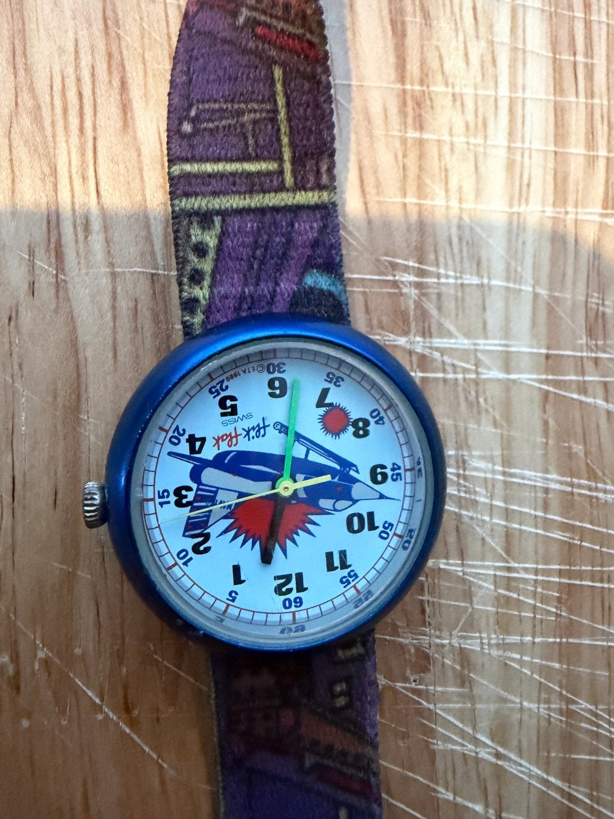 Vintage Flik Flak Horloge - Blauw met Vliegtuigdesign, Ophalen of Verzenden, Gebruikt, Blauw, Jongen of Meisje