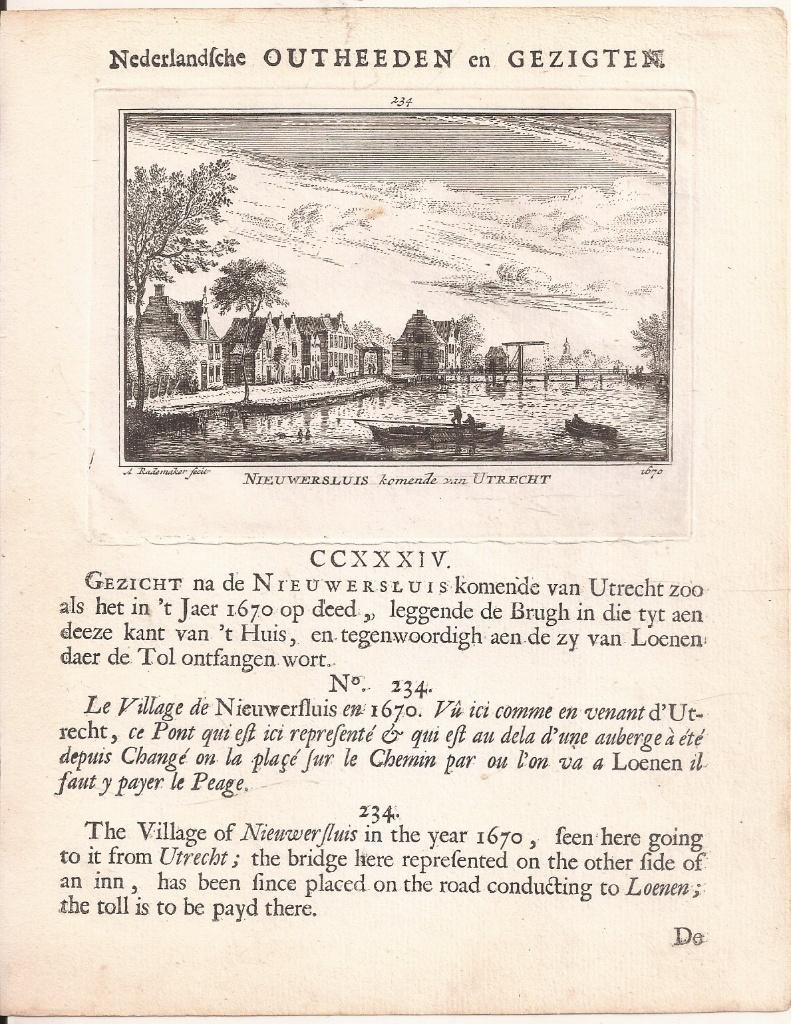 234 Nieuwersluis komende van Utrecht 1670 Rademaker Ned. Out, Origineel, Stadsgezicht, Ophalen of Verzenden, Gravure