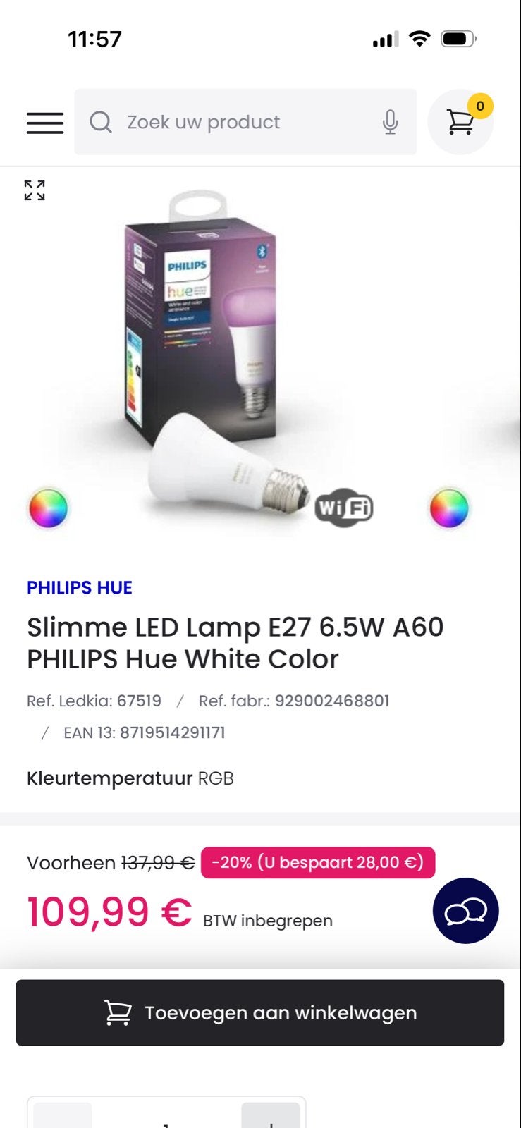 Philips Hue Slimme LED Lamp E27 6.5W A60 White Color, Ophalen of Verzenden, Nieuw