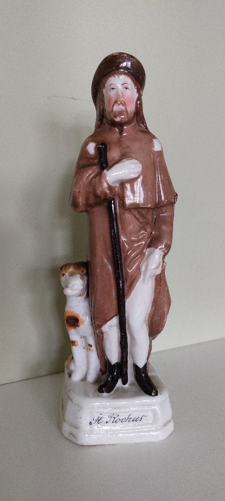 Antiek religieus porselein beeld St. Rochus met hond Vieux, Antiek en Kunst, Antiek | Religie, Ophalen of Verzenden